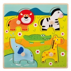 Jouéco Dřevěné puzzle s úchyty Zvířátka v ZOO 12m+