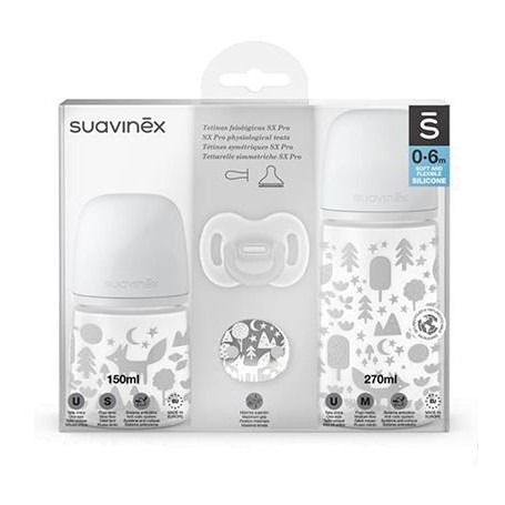 SUAVINEX SADA 270ml + 150ml + DUDLÍK celosilikonový 0/6M+ KLIP FOX