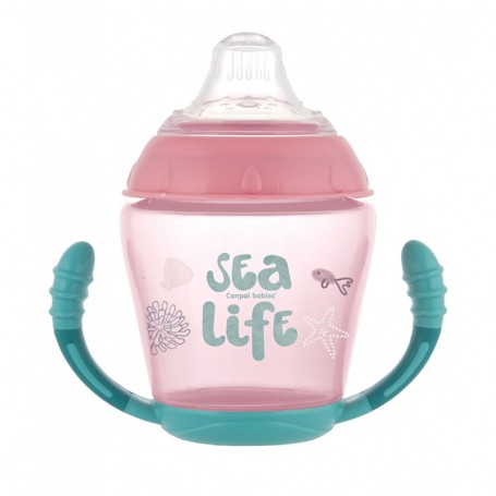 Canpol babies Nevylévací hrneček se silikonovým pítkem 230ml SEA LIFE růžový