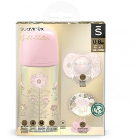 SUAVINEX GOLD SET 270ml + DUDLÍK FYZIOLOGICKÝ 0/6 + KLIP GOLD - RŮŽOVÁ