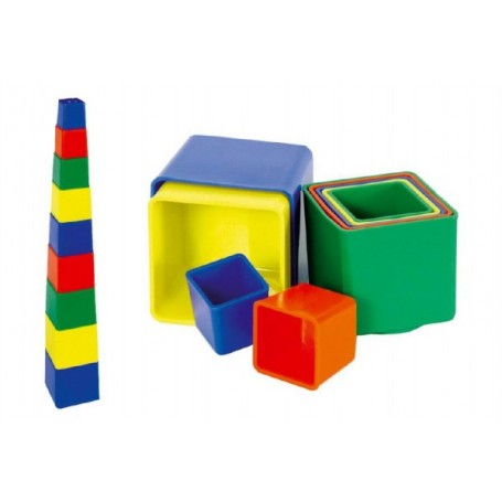 Teddies Kubus pyramida skládanka hranatá plast asst 4 barvy 9ks v sáčku 9x9x9cm 12m+